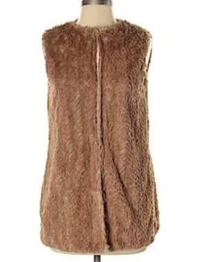 Betsey Johnson Caramel Brown Plush Textured Faux Fur Vest Tan Loose Fit Layer XS